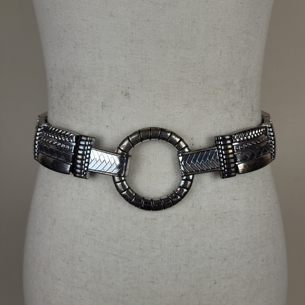 Chico's Belt Medium Black Leather Ornate O-Ring Boho Statement Tribal Rustic